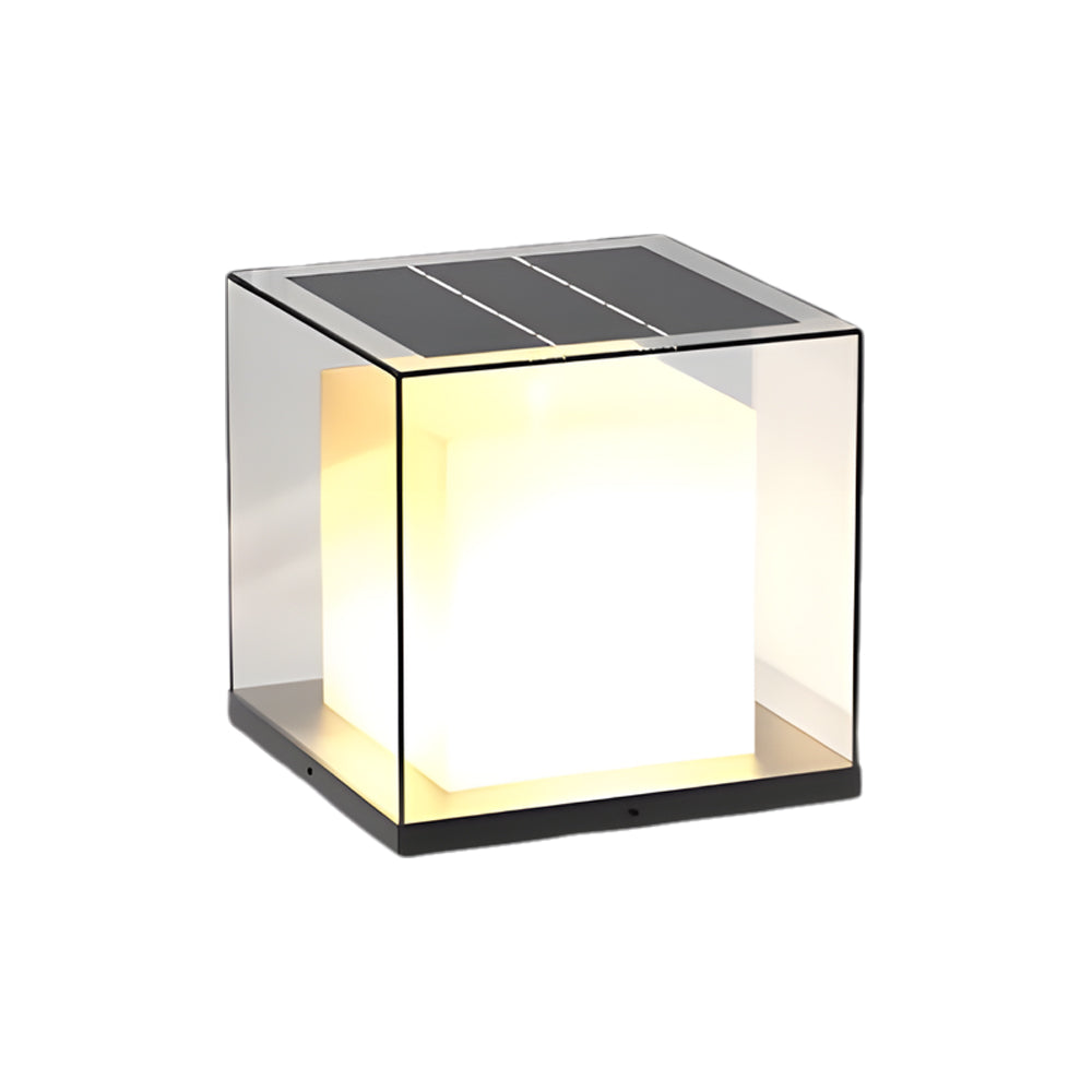 Minimalist Square Gate Pillar Light — Stainless Steel & Glass, Solar or Hardwired, 3000K LED, IP65, 360° Illumination