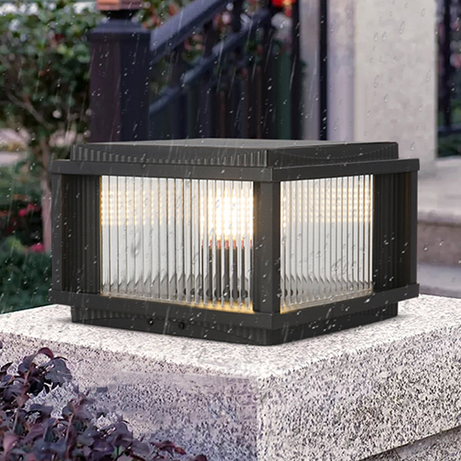 Retro Square Outdoor Solar Pillar Light — Aluminum & Glass, Dual-Mode, Three-Color Dimming, IP54, E26