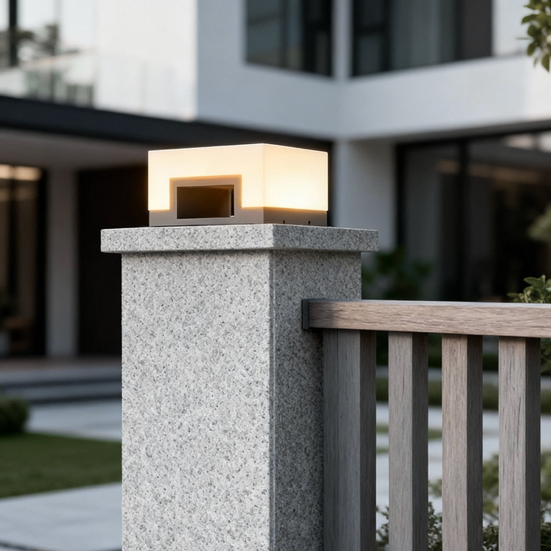 Square Outdoor Pillar Light — Stainless Steel, PE Shade, Solar / Hardwired, 3000K, IP65 Weatherproof
