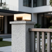 Square Outdoor Pillar Light — Stainless Steel, PE Shade, Solar / Hardwired, 3000K, IP65 Weatherproof