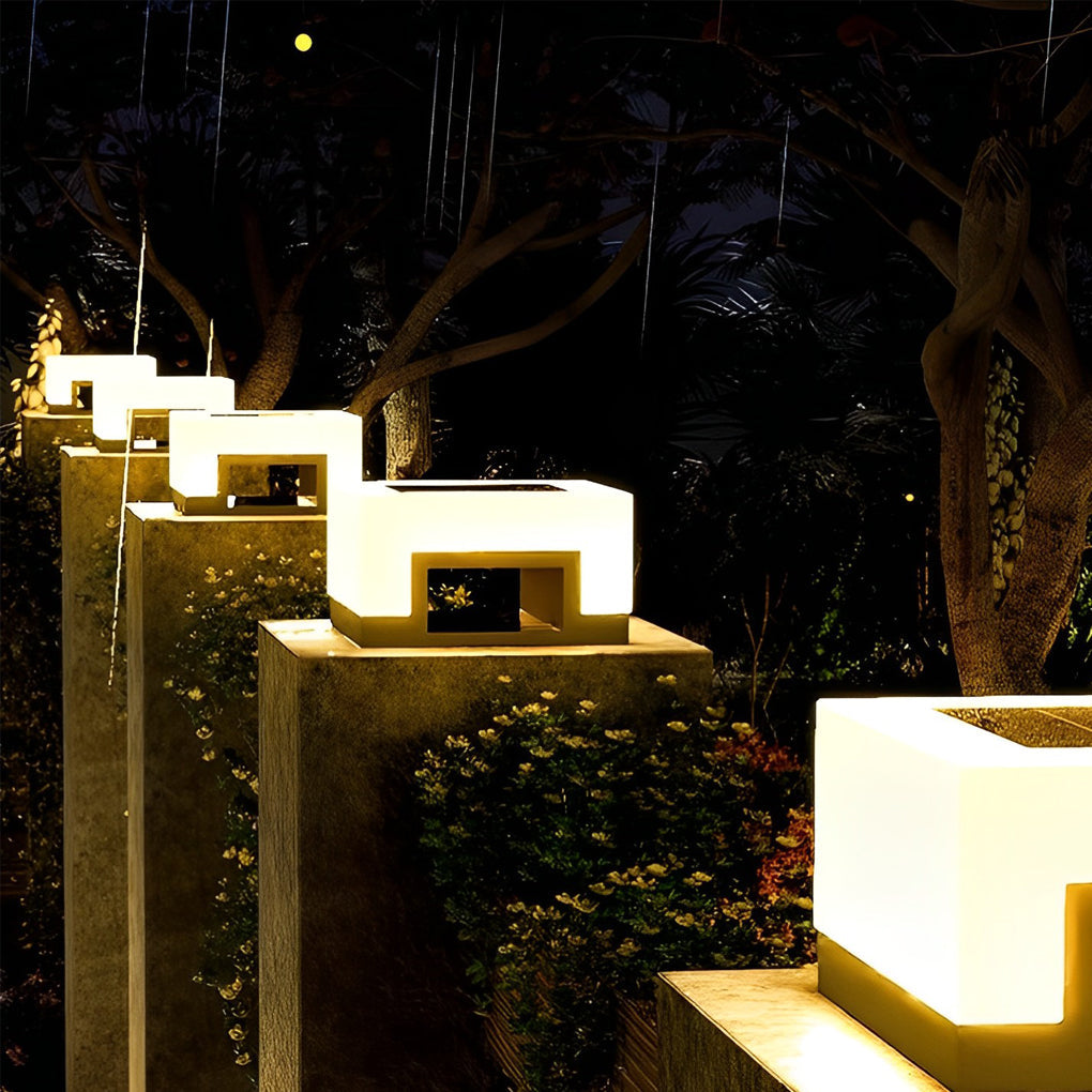 Square Outdoor Pillar Light — Stainless Steel, PE Shade, Solar / Hardwired, 3000K, IP65 Weatherproof