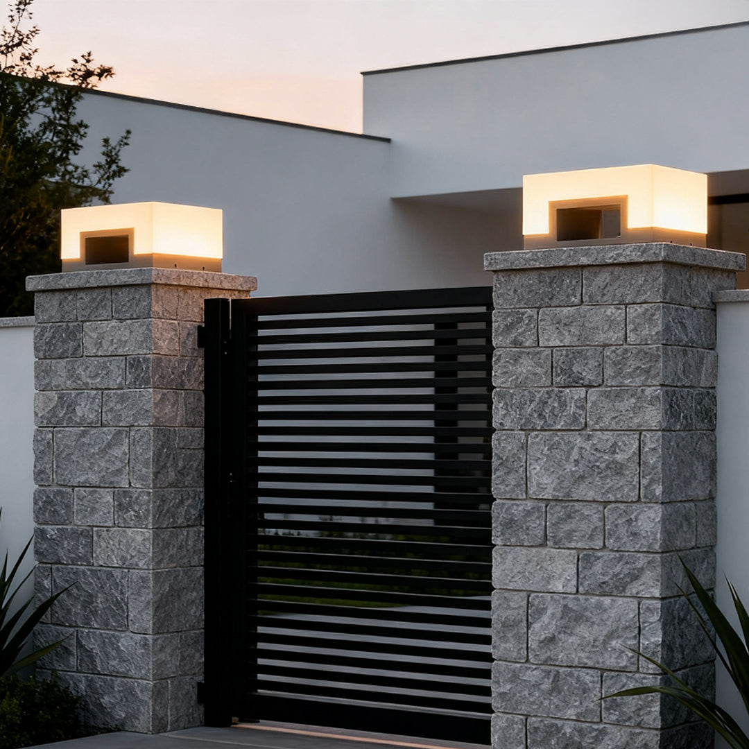 Square Outdoor Pillar Light — Stainless Steel, PE Shade, Solar / Hardwired, 3000K, IP65 Weatherproof