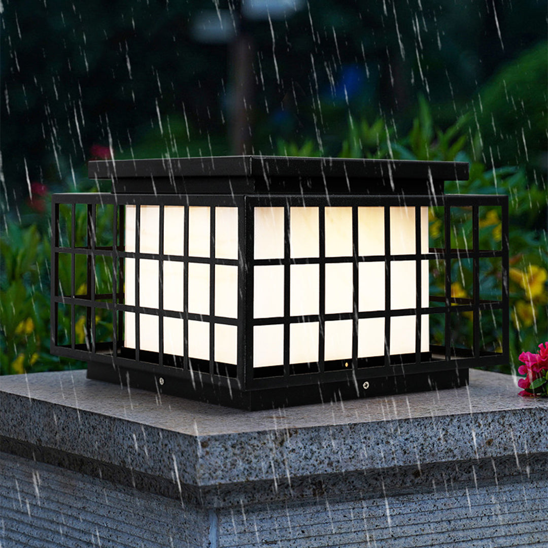 Modern Square Solar Pillar Light — Stainless Steel, Faux Alabaster, LED, 3-Color Dimming, Remote, IP65