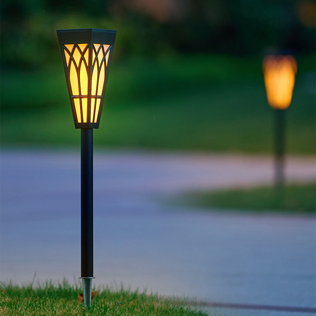 Flame-Flicker Solar Path Light — Aluminum, LED, IP55 Weatherproof, Dusk-to-Dawn