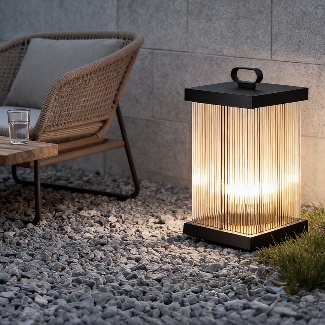 Square Ripple-Glass Outdoor Lantern — Black, 12W LED, 4000K, IP65, Solar / Hardwired, Remote, 3 Sizes