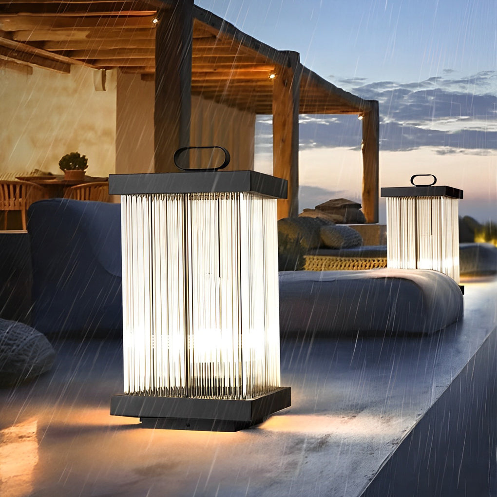 Square Ripple-Glass Outdoor Lantern — Black, 12W LED, 4000K, IP65, Solar / Hardwired, Remote, 3 Sizes