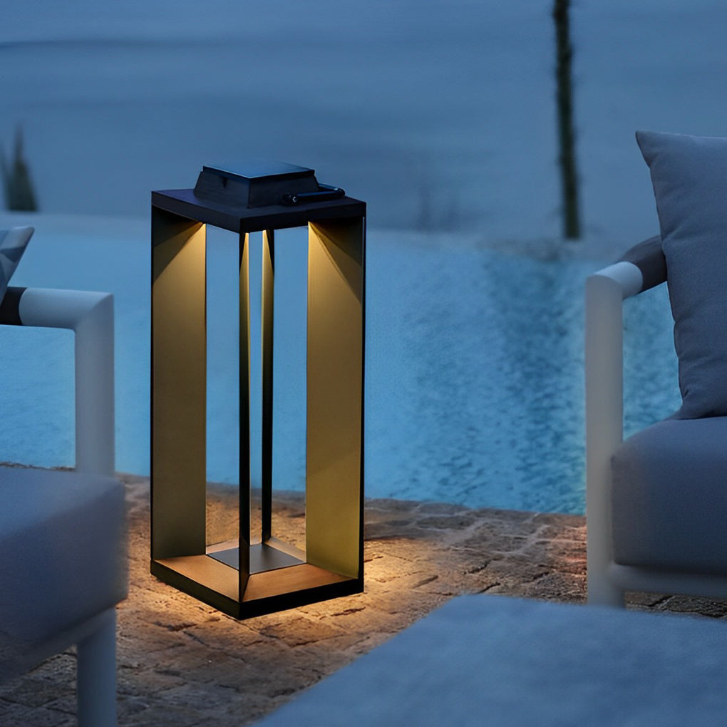 Modern Black Solar Portable Lantern — Stainless Steel, LED, 10000mAh, IP54, Two Heights
