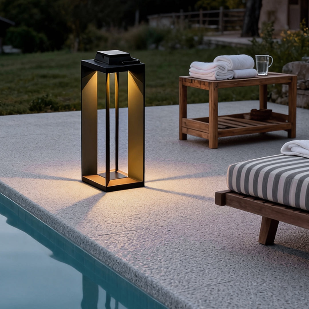 Modern Black Solar Portable Lantern — Stainless Steel, LED, 10000mAh, IP54, Two Heights