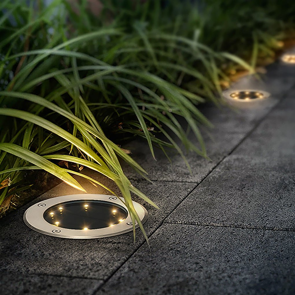 Solar LED Ground Dish Step & Deck Light — Aluminum Alloy and Glass, Top and Side Emitting, IP65 Weatherproof, Black