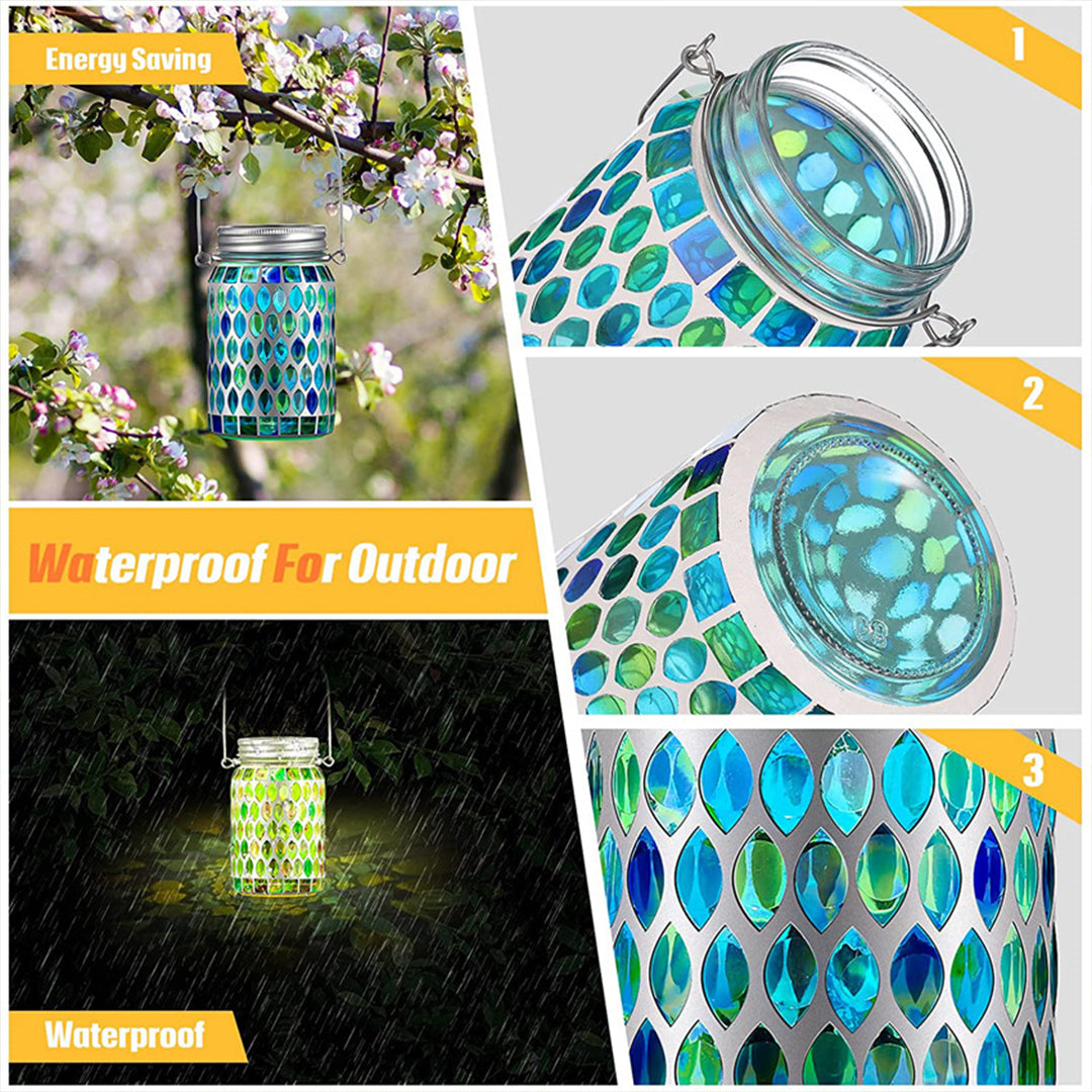 Stained Glass Mosaic Solar Lantern — Handcrafted, LED, IP65 Weatherproof, Dusk-to-Dawn, Hanging or Tabletop
