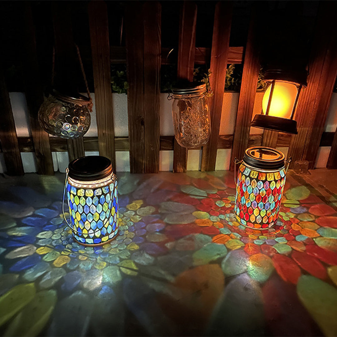 Stained Glass Mosaic Solar Lantern — Handcrafted, LED, IP65 Weatherproof, Dusk-to-Dawn, Hanging or Tabletop