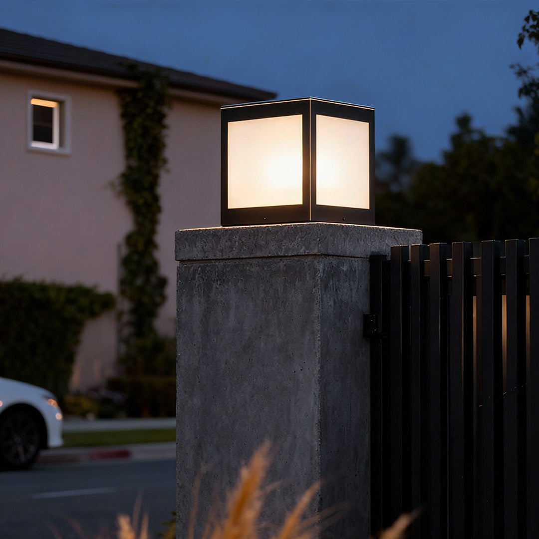 Square Geometric Solar Outdoor Pillar Light — Copper and Glass, 5W LED, Warm White 3000K, IP55, Remote Control