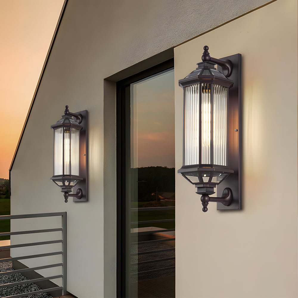 solar outdoor wall light with retro rectangular ribbed glass design