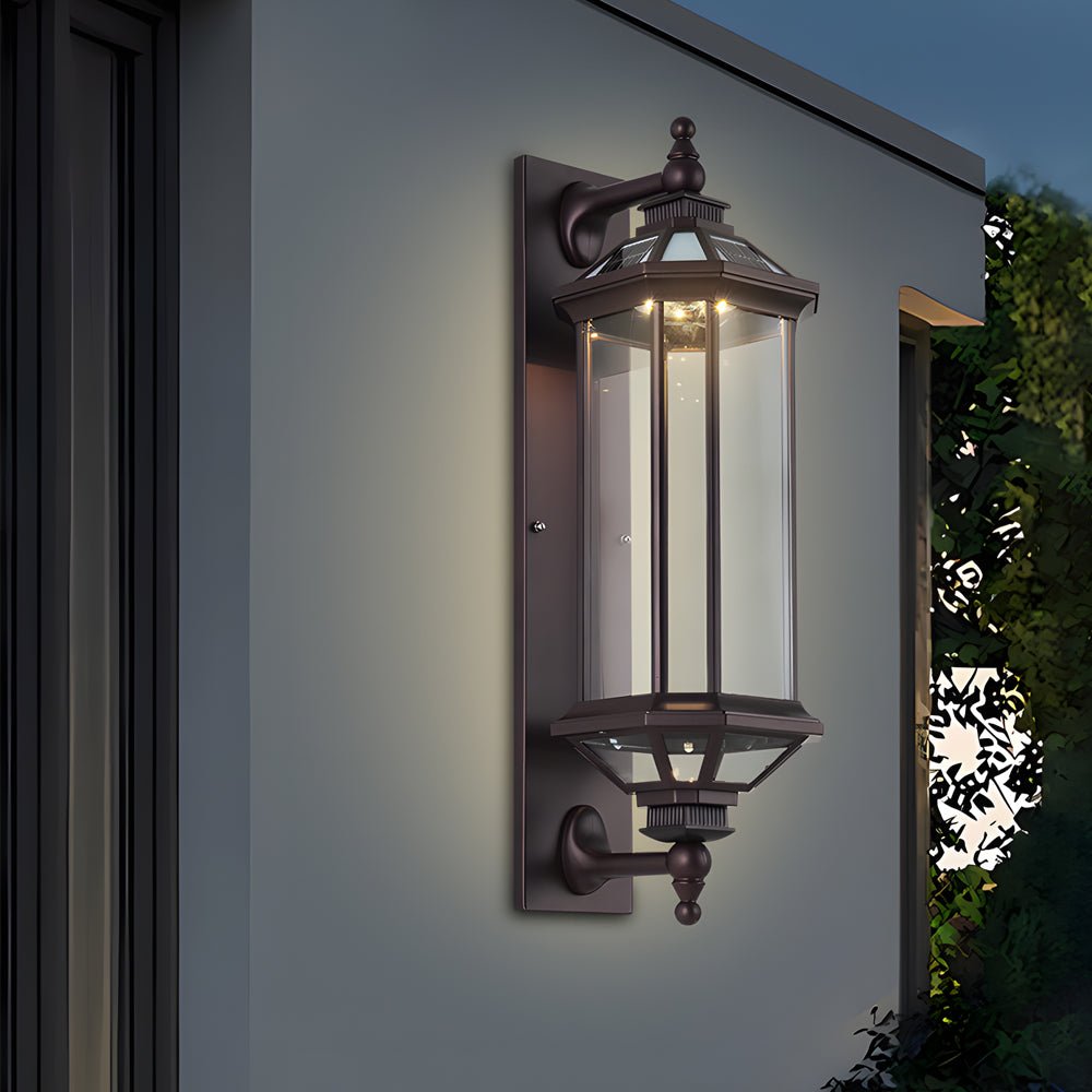 solar outdoor wall light with retro rectangular ribbed glass design