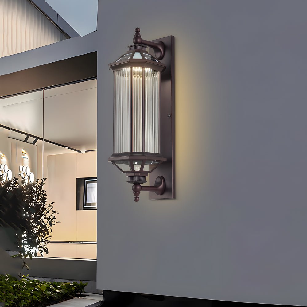 solar outdoor wall light with retro rectangular ribbed glass design