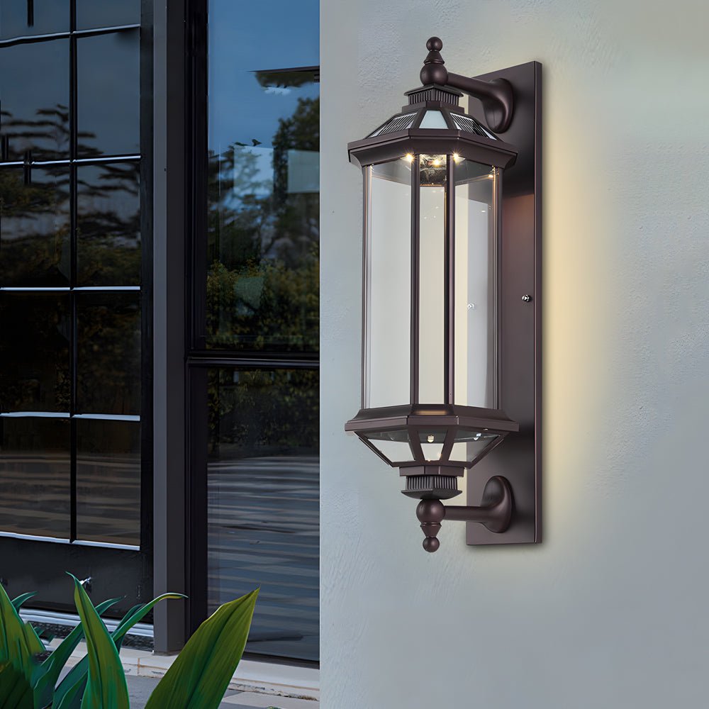 solar outdoor wall light with retro rectangular ribbed glass design