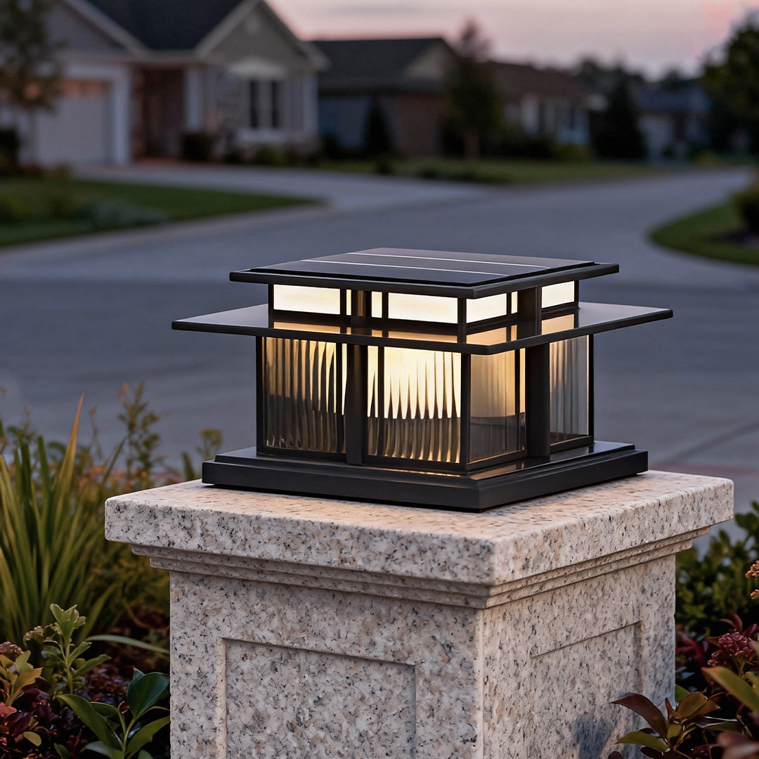Modern Square Outdoor Pillar Light — Stainless Steel & Copper, LED 3000K, IP65, Brass or Black, Solar or Hardwired