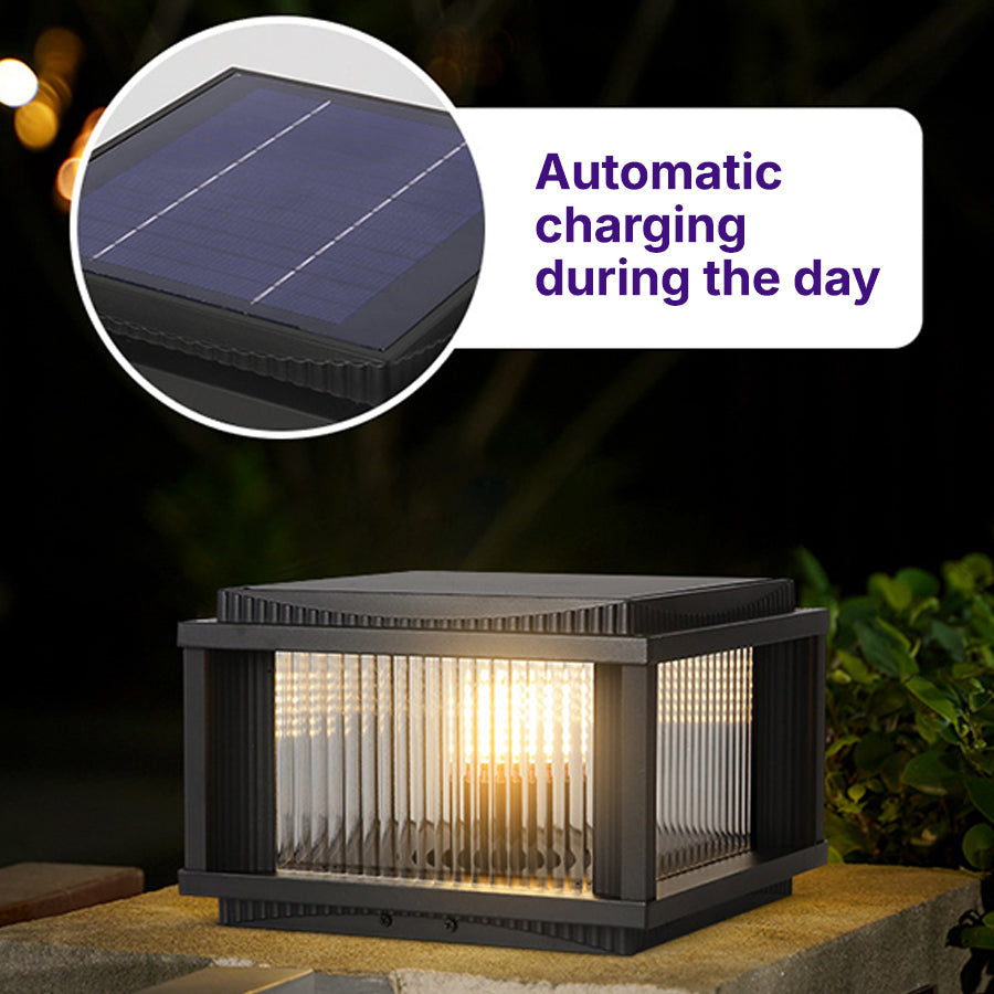 Retro Square Outdoor Solar Pillar Light — Aluminum & Glass, Dual-Mode, Three-Color Dimming, IP54, E26