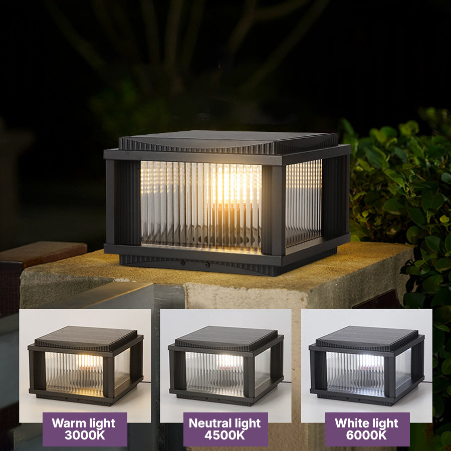 Retro Square Outdoor Solar Pillar Light — Aluminum & Glass, Dual-Mode, Three-Color Dimming, IP54, E26