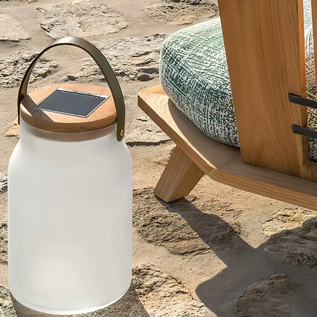 Solar-Powered Portable Camp Lantern — Teak Handle, Glass Shade, 2400mAh, IP65 Weatherproof