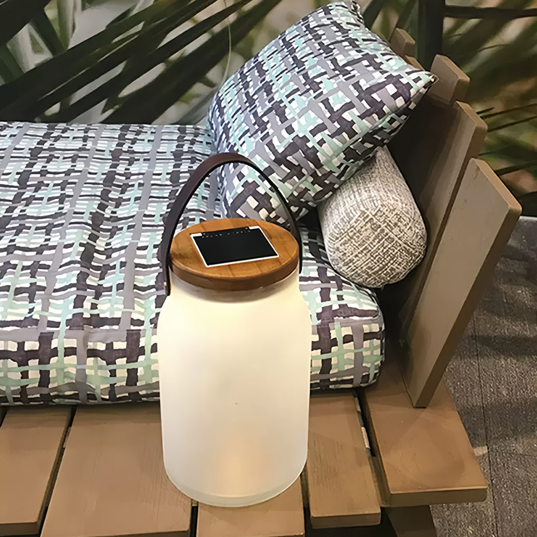 Solar-Powered Portable Camp Lantern — Teak Handle, Glass Shade, 2400mAh, IP65 Weatherproof