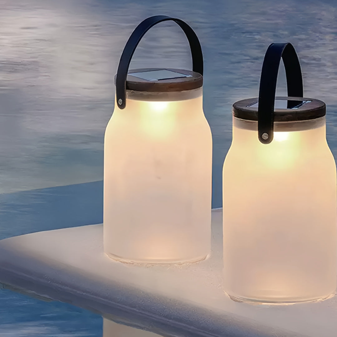 Solar-Powered Portable Camp Lantern — Teak Handle, Glass Shade, 2400mAh, IP65 Weatherproof
