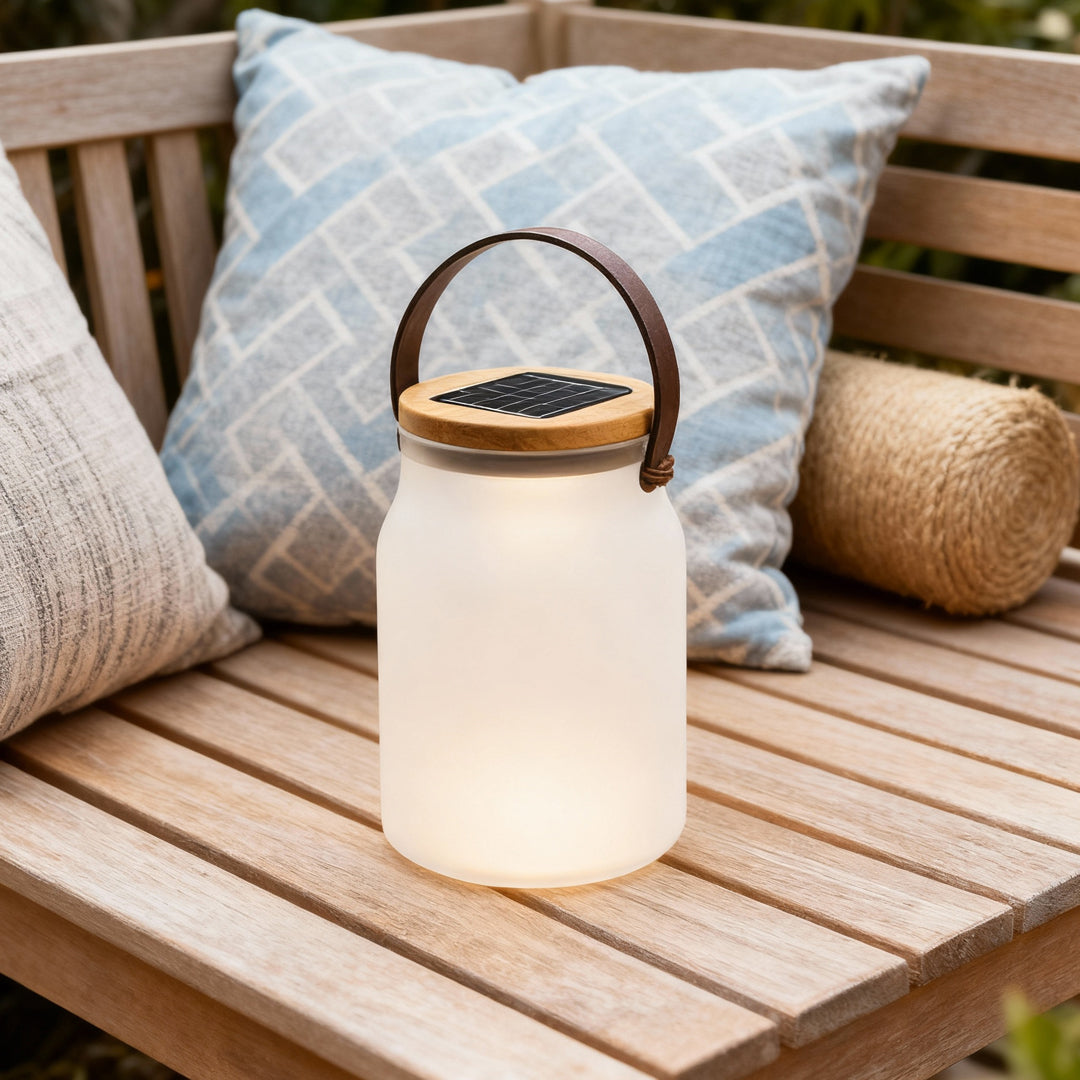 Solar-Powered Portable Camp Lantern — Teak Handle, Glass Shade, 2400mAh, IP65 Weatherproof