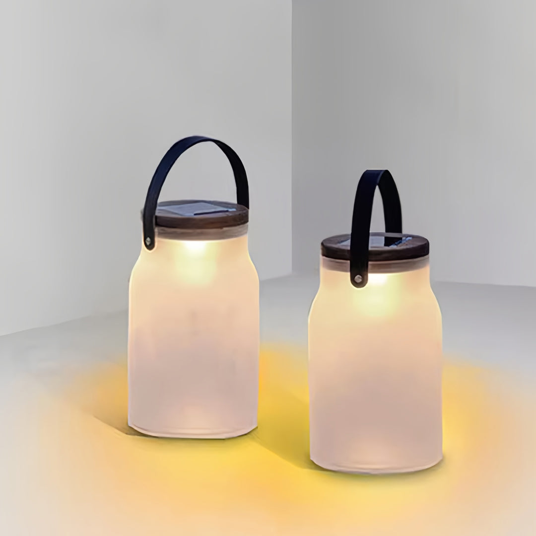 Solar-Powered Portable Camp Lantern — Teak Handle, Glass Shade, 2400mAh, IP65 Weatherproof