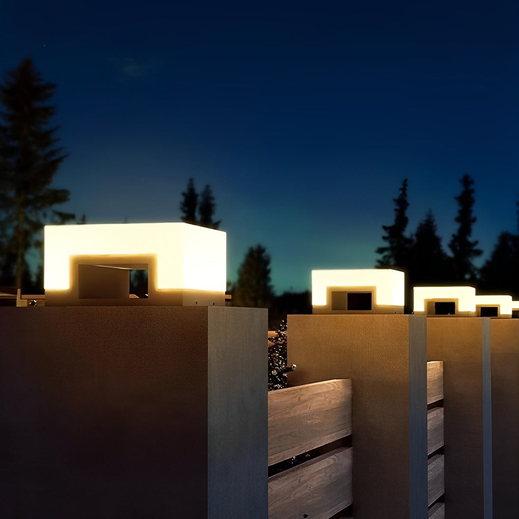 Square Outdoor Pillar Light — Stainless Steel, PE Shade, Solar / Hardwired, 3000K, IP65 Weatherproof