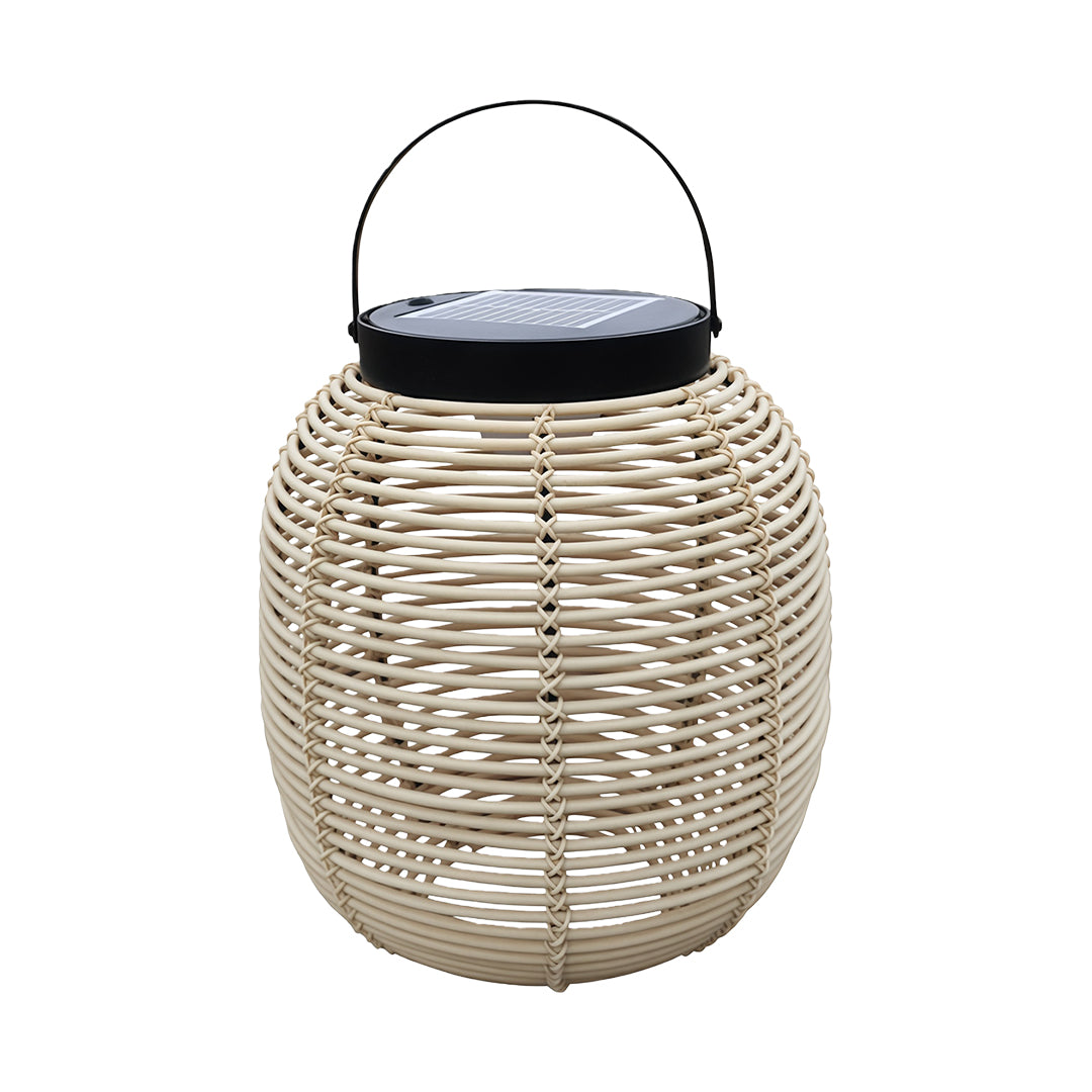 Wicker-Weave Solar Outdoor Lantern — Iron Frame, 7W LED, IP65, Warm White 3000K