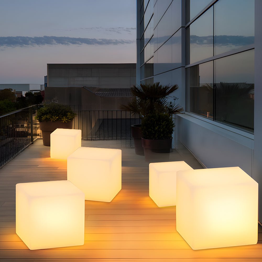 Luminous LED Cube Outdoor Floor Light — White PC, Solar / USB / Hardwired, IP54, 11.8" or 13.8"