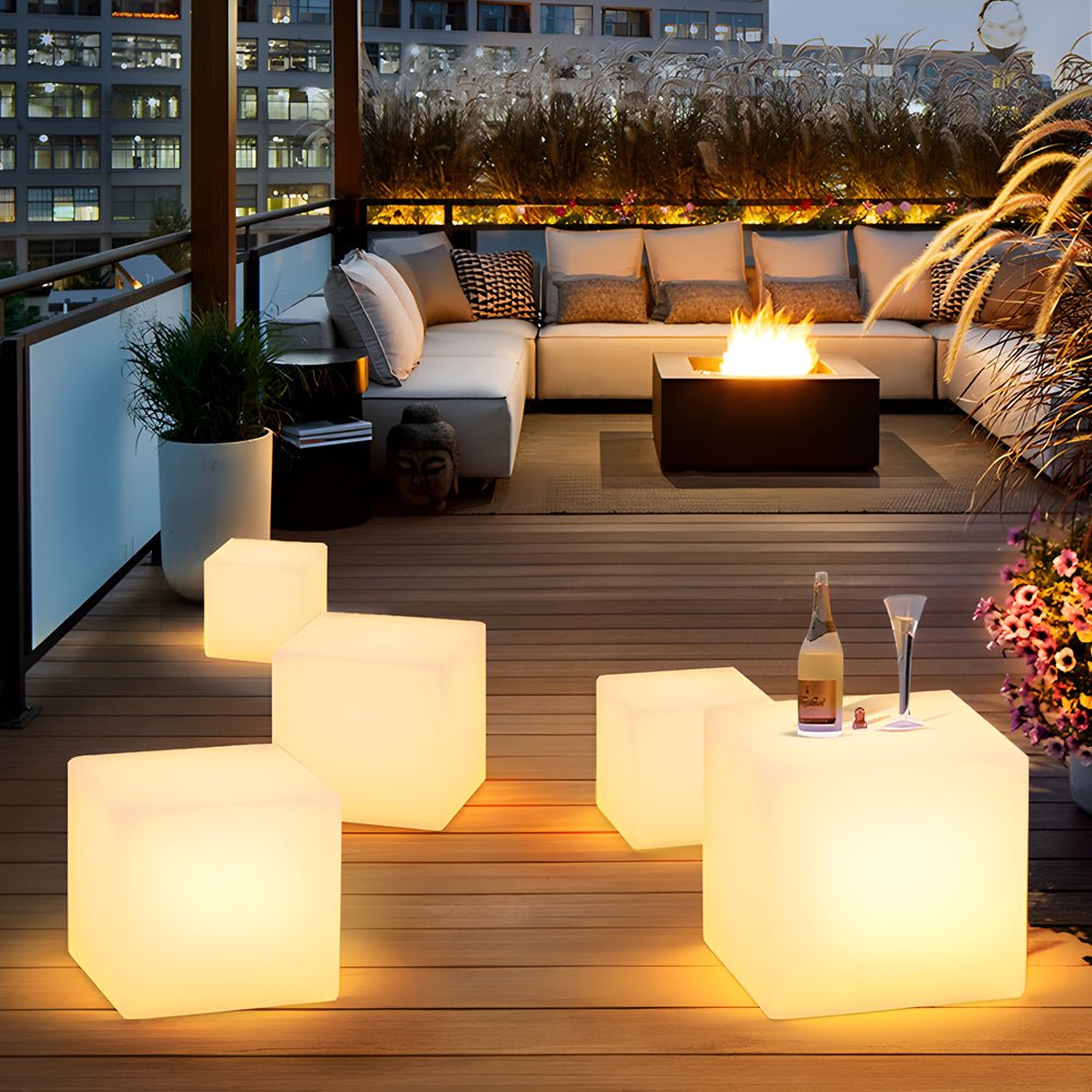 Luminous LED Cube Outdoor Floor Light — White PC, Solar / USB / Hardwired, IP54, 11.8" or 13.8"