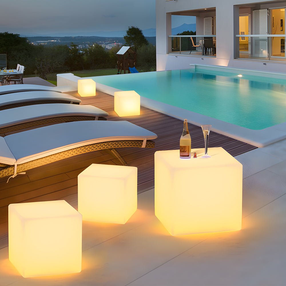 Luminous LED Cube Outdoor Floor Light — White PC, Solar / USB / Hardwired, IP54, 11.8" or 13.8"