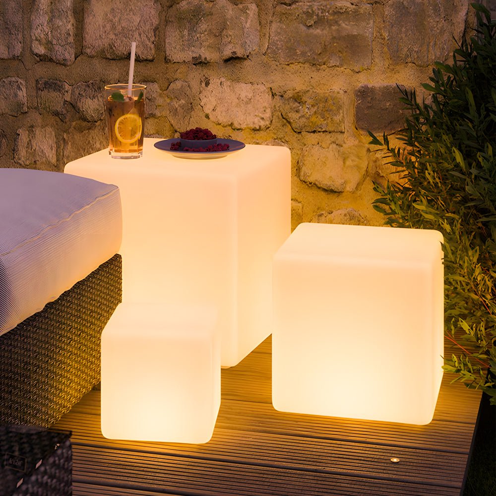 Luminous LED Cube Outdoor Floor Light — White PC, Solar / USB / Hardwired, IP54, 11.8" or 13.8"