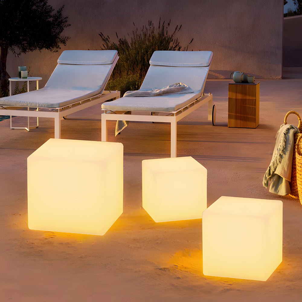 Luminous LED Cube Outdoor Floor Light — White PC, Solar / USB / Hardwired, IP54, 11.8" or 13.8"