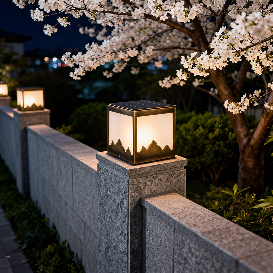 Modern Square Solar Pillar Light — Copper Body, Glass Shade, LED 3000K, IP55, Remote Control
