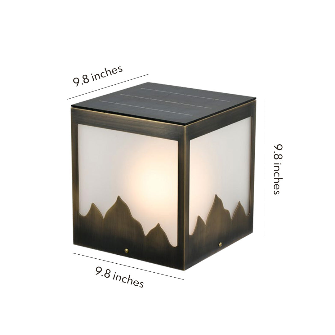 Modern Square Solar Pillar Light — Copper Body, Glass Shade, LED 3000K, IP55, Remote Control