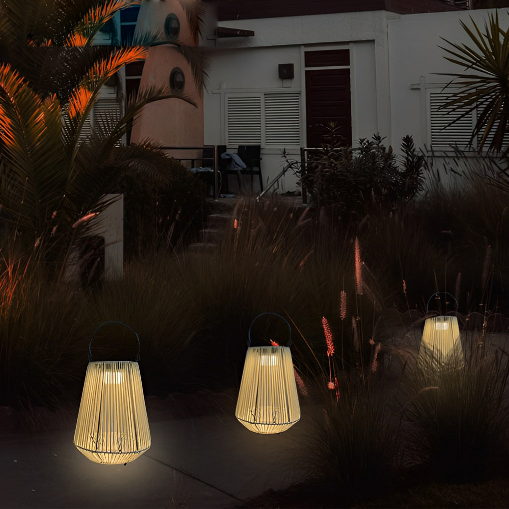 Handwoven Rattan Portable Solar Lantern — Iron Frame, LED, IP65 Weatherproof, 3000K Warm White