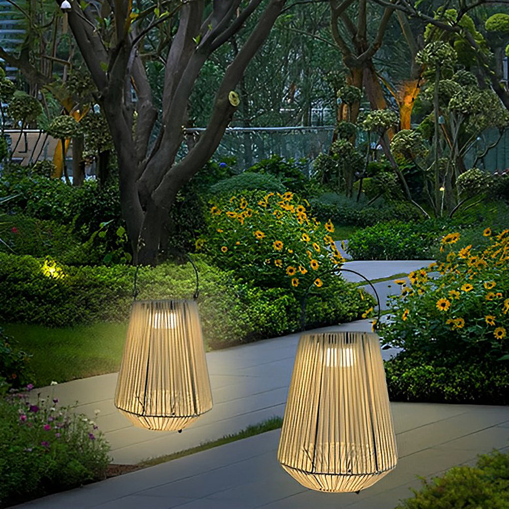 Handwoven Rattan Portable Solar Lantern — Iron Frame, LED, IP65 Weatherproof, 3000K Warm White