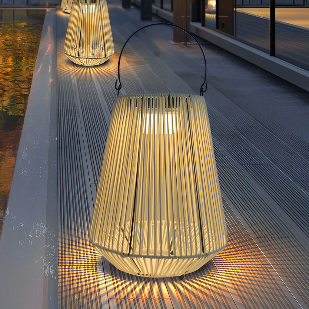 Handwoven Rattan Portable Solar Lantern — Iron Frame, LED, IP65 Weatherproof, 3000K Warm White