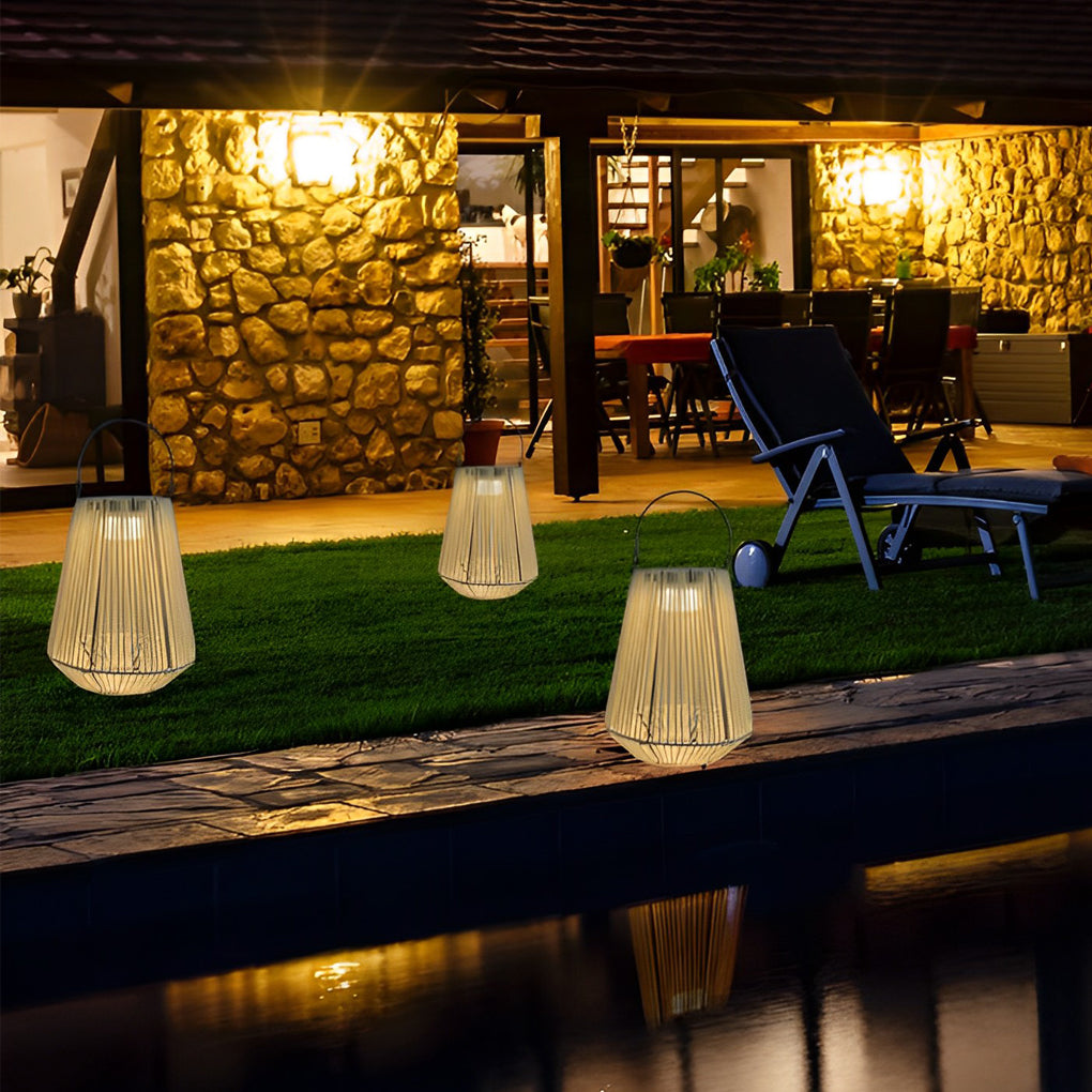 Handwoven Rattan Portable Solar Lantern — Iron Frame, LED, IP65 Weatherproof, 3000K Warm White