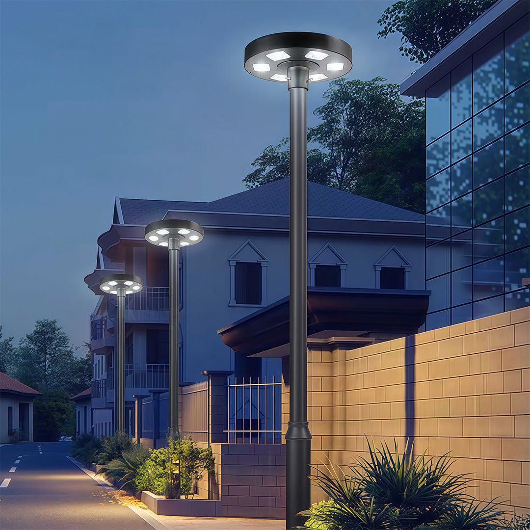 High-Pole Solar Street Light — Black Die-Cast Aluminum, 20W LED, IP65, 20000mAh, Remote Control, Warm or White Light