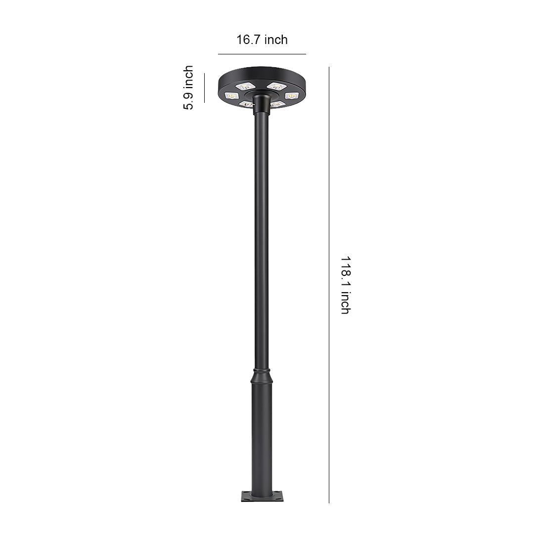 High-Pole Solar Street Light — Black Die-Cast Aluminum, 20W LED, IP65, 20000mAh, Remote Control, Warm or White Light