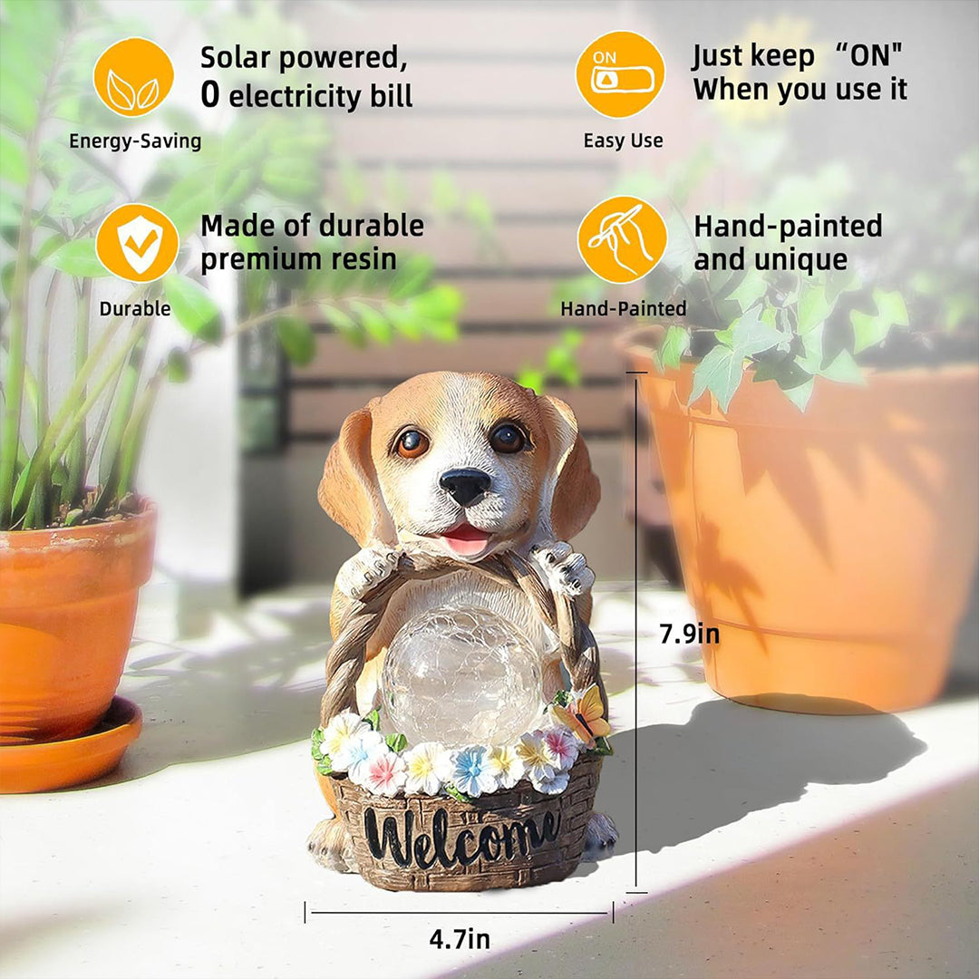 Puppy with Flower Basket Solar Garden Light — Resin, Warm White LED, IP44, Dusk-to-Dawn