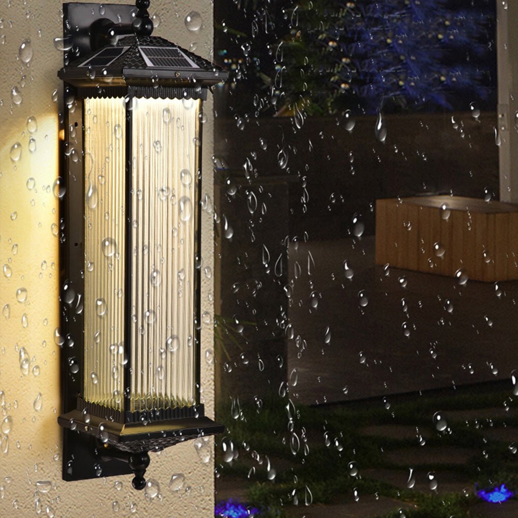 Vintage Striped Glass Solar Outdoor Wall Sconce — Die-Cast Aluminum, LED, IP55 Weatherproof, 10W