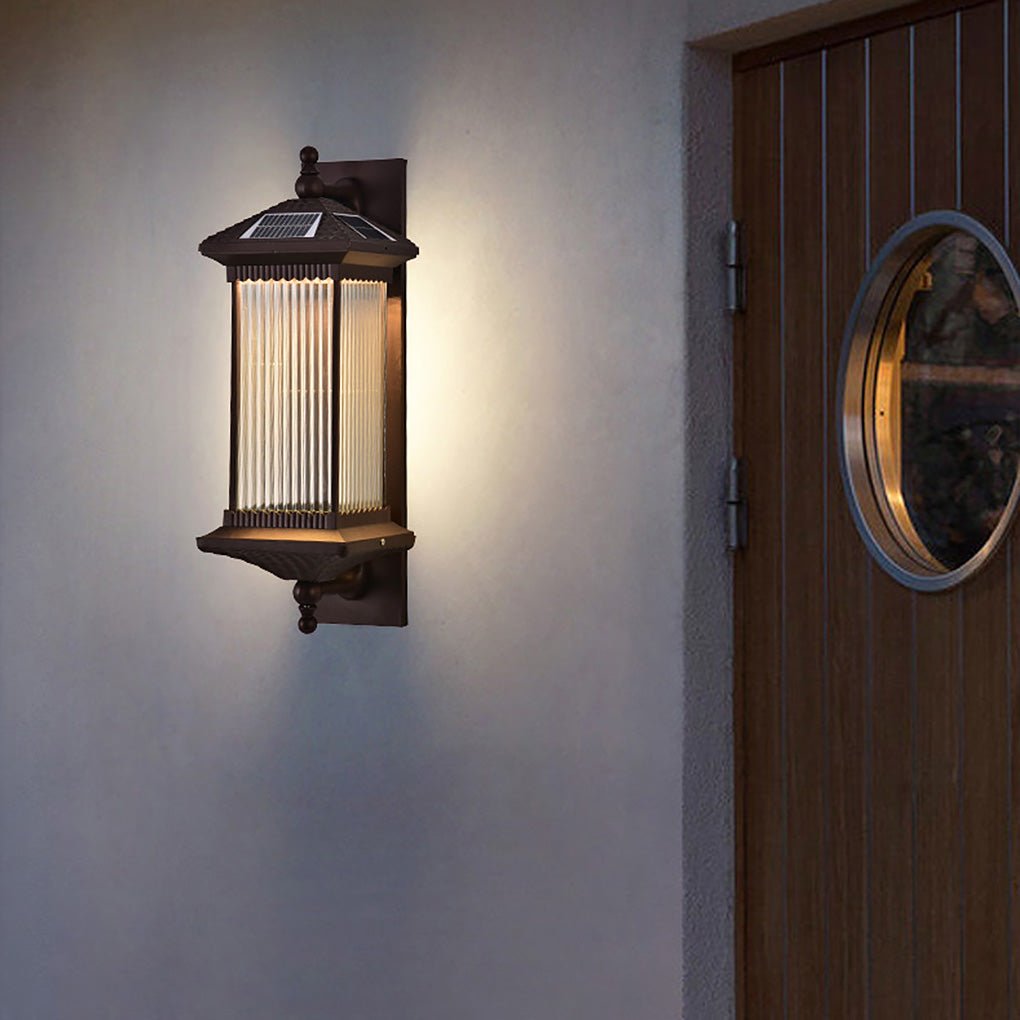 Vintage Striped Glass Solar Outdoor Wall Sconce — Die-Cast Aluminum, LED, IP55 Weatherproof, 10W