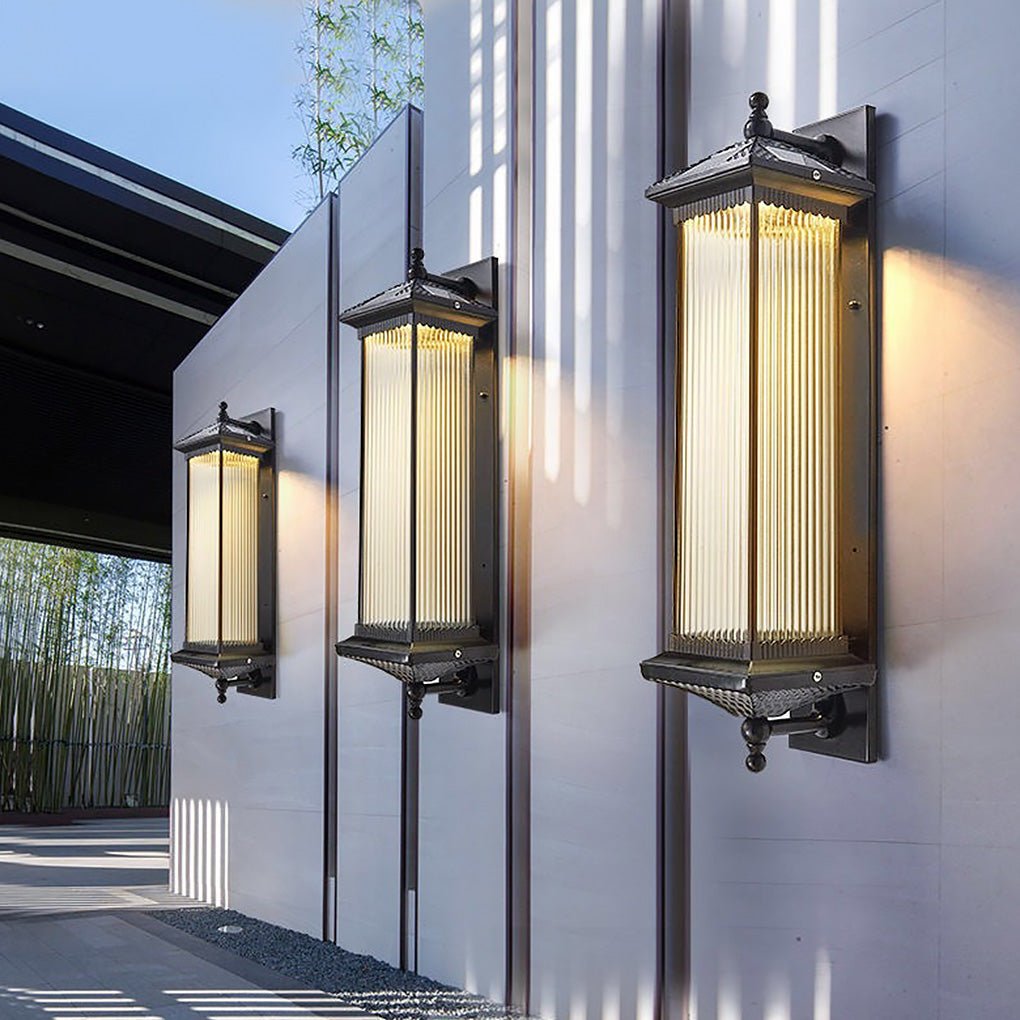 Vintage Striped Glass Solar Outdoor Wall Sconce — Die-Cast Aluminum, LED, IP55 Weatherproof, 10W