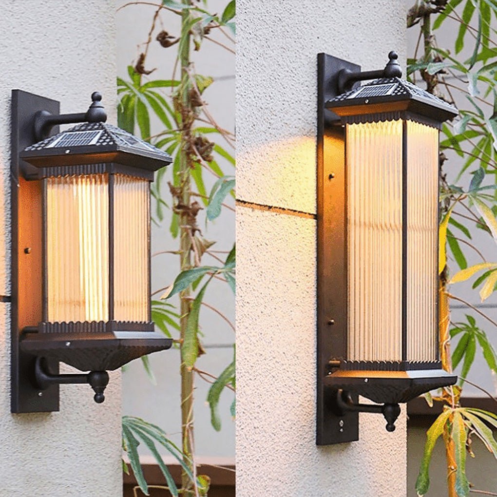 Vintage Striped Glass Solar Outdoor Wall Sconce — Die-Cast Aluminum, LED, IP55 Weatherproof, 10W