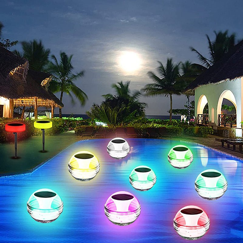 RGB Dimmable Floating Solar Pool Light — PC, LED, 6000K / 3000K / RGB, IP65, Auto Dusk-to-Dawn, 4.1" Diameter