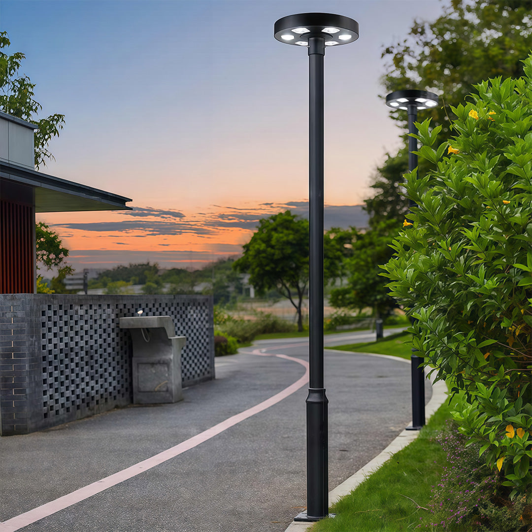 High-Pole Solar Street Light — Black Die-Cast Aluminum, 20W LED, IP65, 20000mAh, Remote Control, Warm or White Light